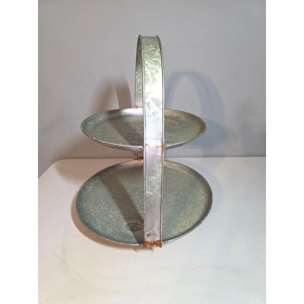 Large Pottery Barn Galvanized Two Tier Round Tray 16 Inches Cottagecore
